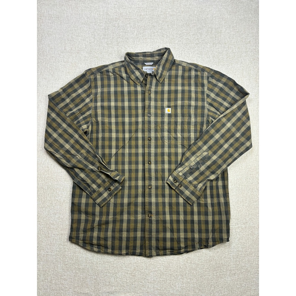 Carhartt Mens Relaxed Fit Plaid Button Down Shirt Olive Green Black Large